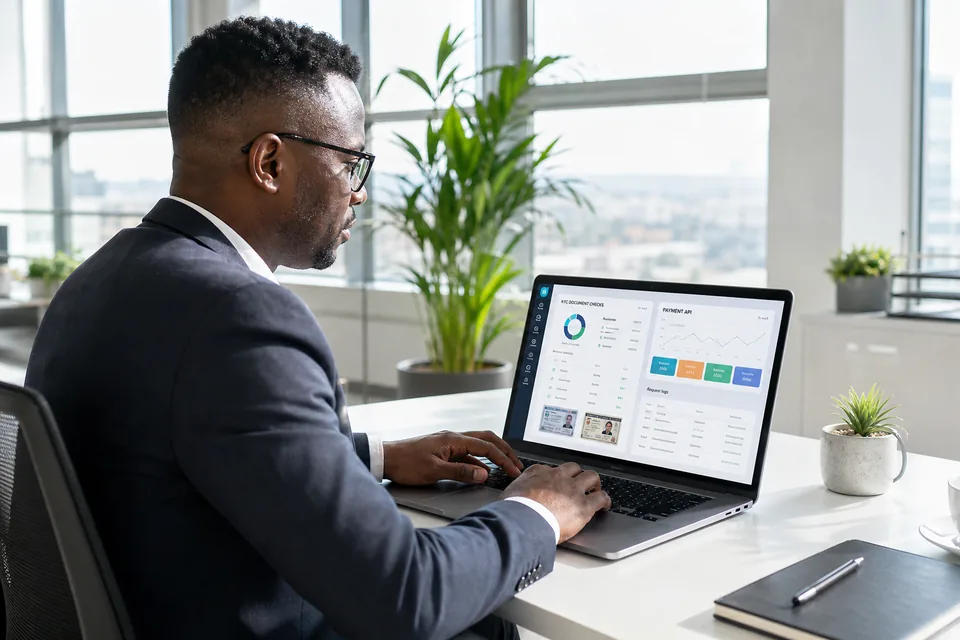 Compliance officer reviewing KYC checks and payment API dashboards in a bright Pretoria office