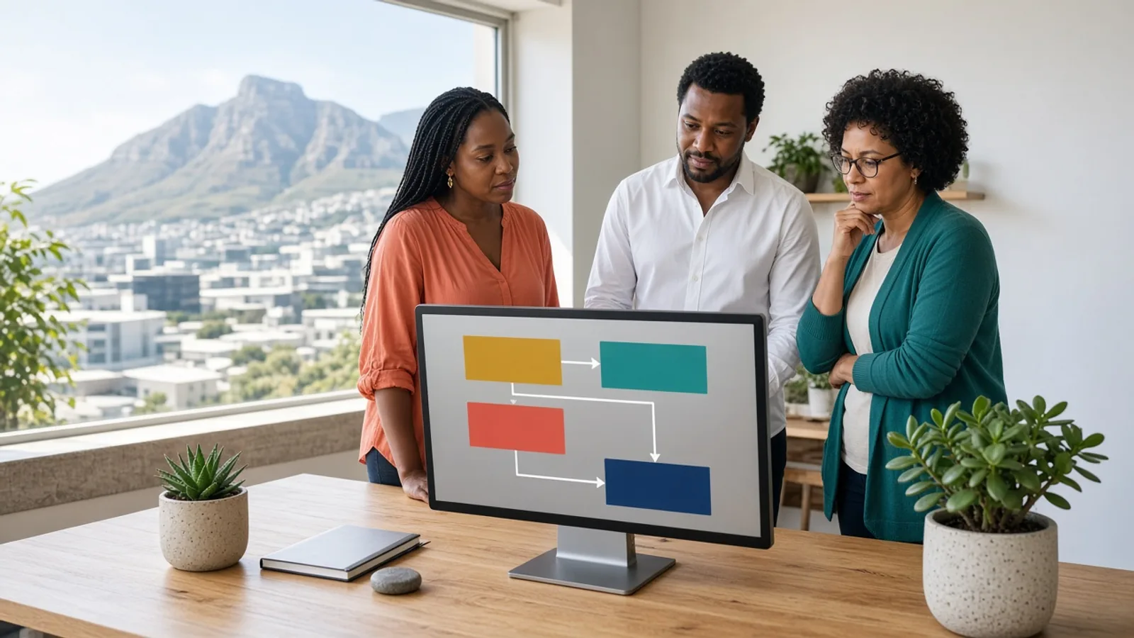 South African product team mapping payment, lending, and crypto activities on a screen in a bright Cape Town studio