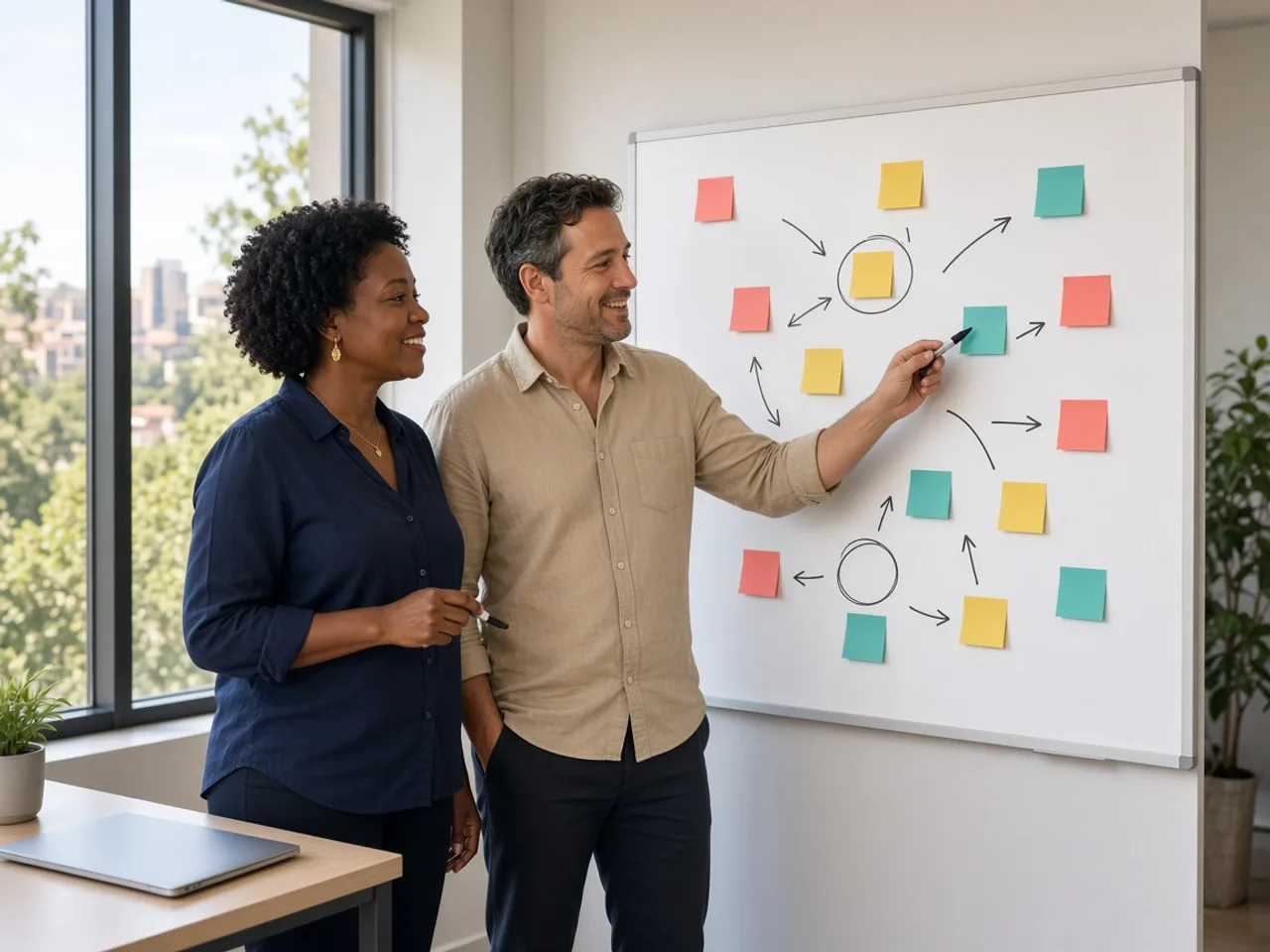 Founder and consultant mapping a fintech compliance plan on a whiteboard in a bright Pretoria office