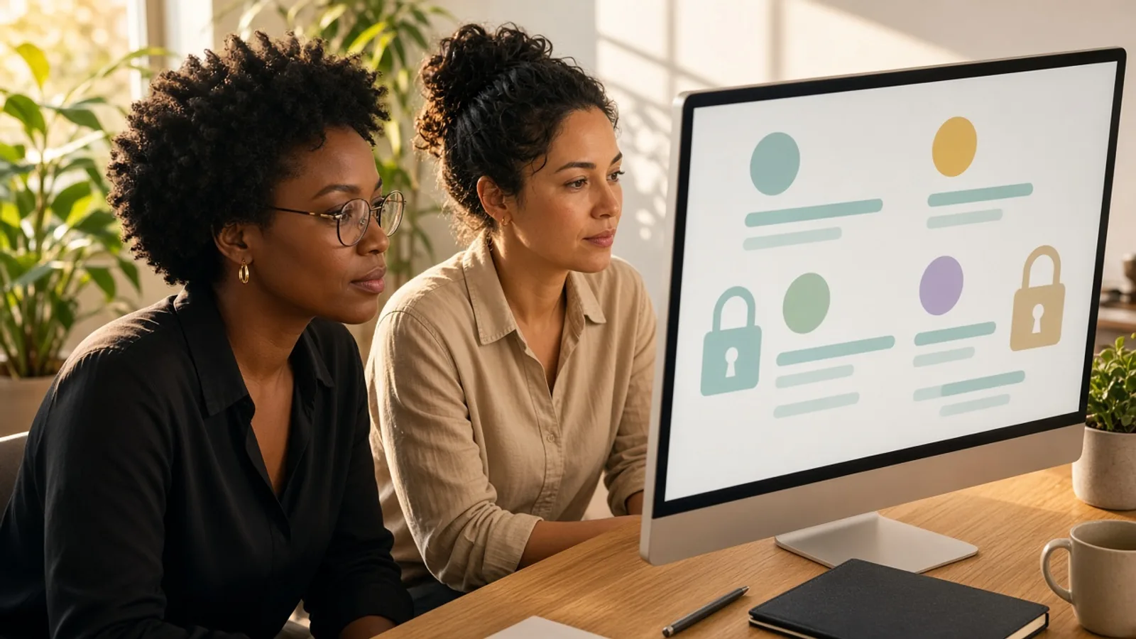 Two colleagues reviewing access controls and lock icons on a monitor in a bright Johannesburg studio