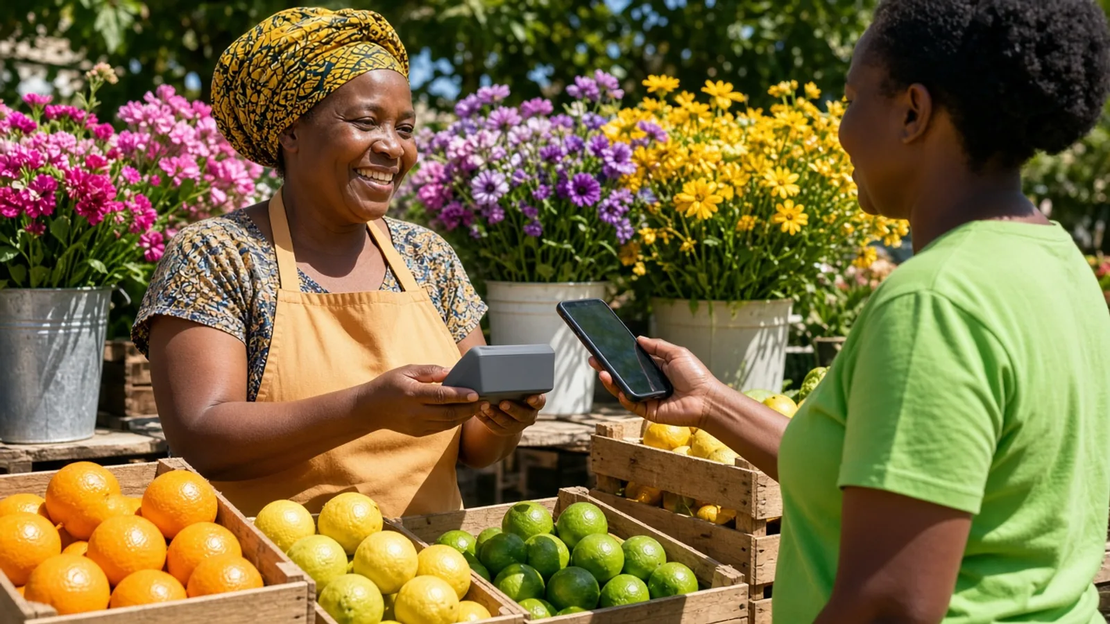 Market vendor taking a phone payment beside crates of citrus and flowers in bright South African sunlight