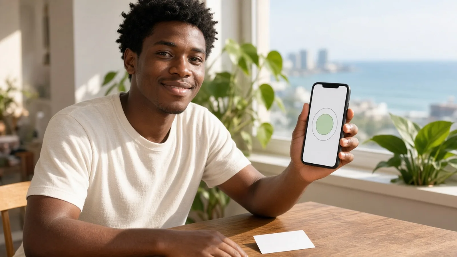 Young South African man showing a simple identity-check screen on his phone in a bright Durban apartment