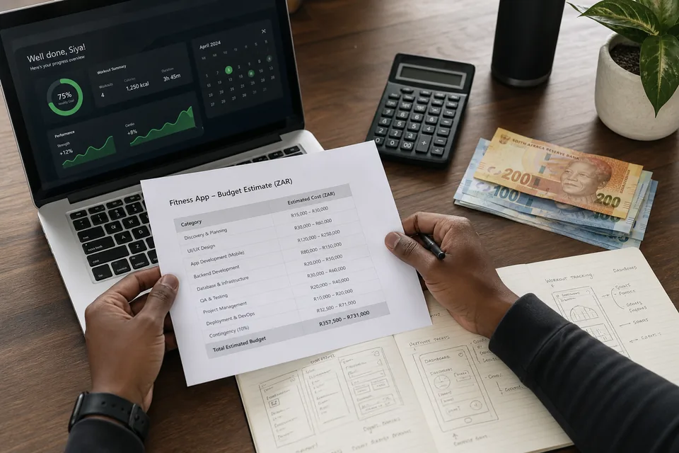 Project lead reviewing fitness app development cost estimates and timelines in South African Rand