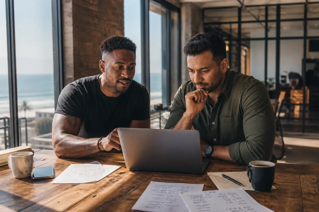 Founder and consultant reviewing a fitness app development budget in South African Rand