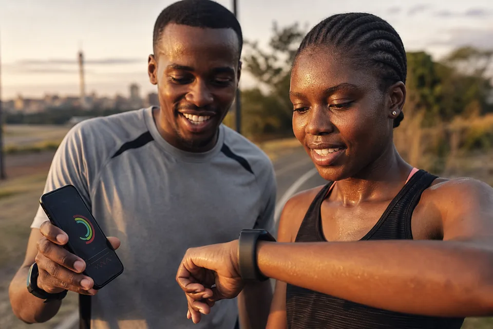 Runner checking a smartwatch and phone companion app after a synced outdoor workout