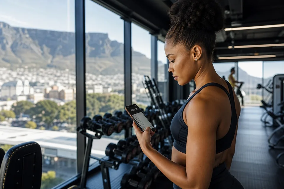 South African gym user following a structured workout on a custom fitness tracking app