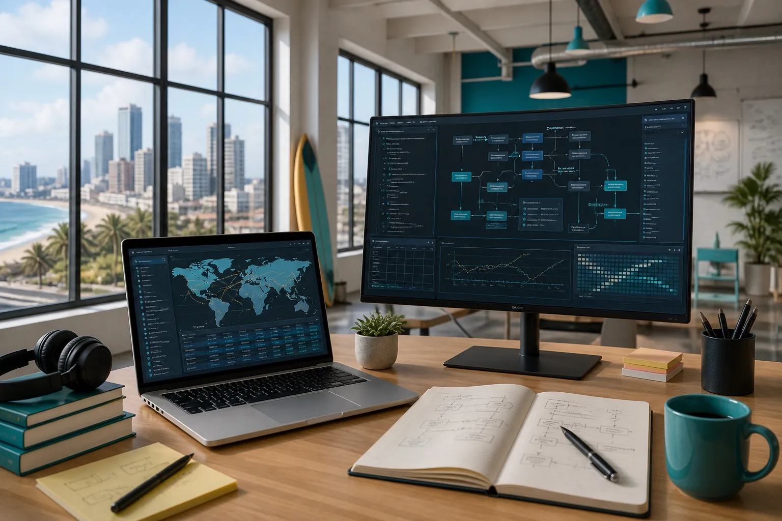 Developer workstation with travel API diagrams and flight inventory sync screens in a Durban engineering loft