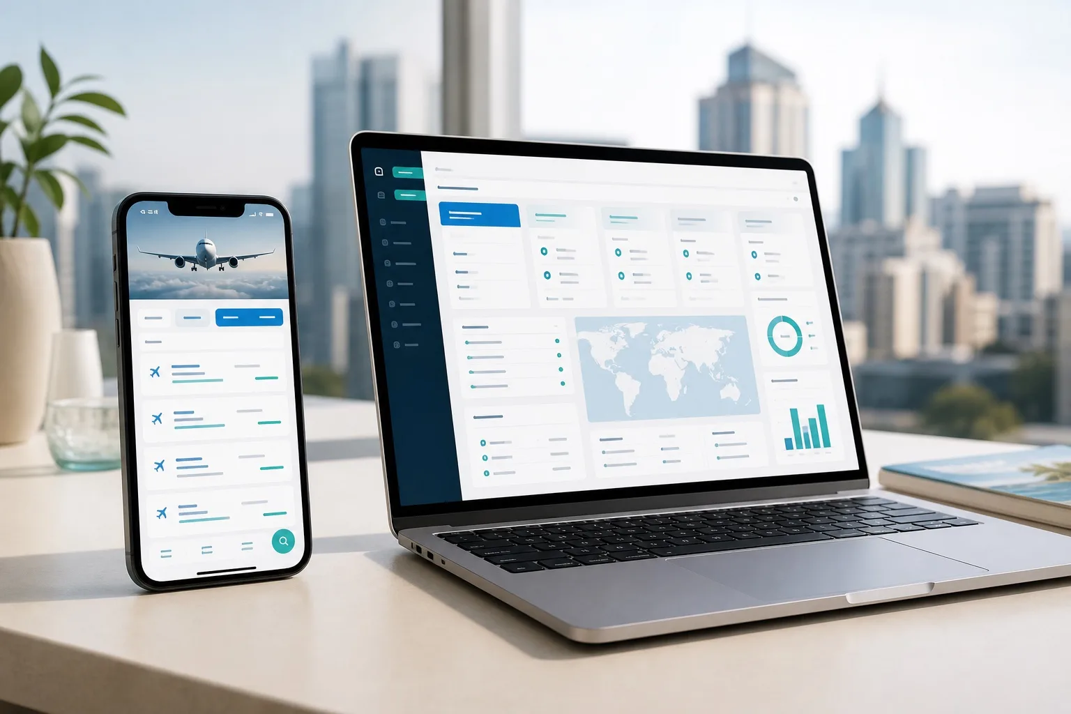 Smartphone showing a flight search results screen beside a laptop with travel booking admin dashboards in a Sandton studio