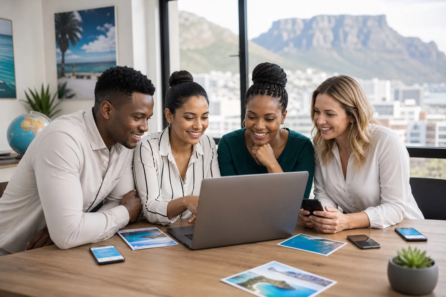 South African travel agency team reviewing a flight booking app budget on a laptop in a bright Cape Town office