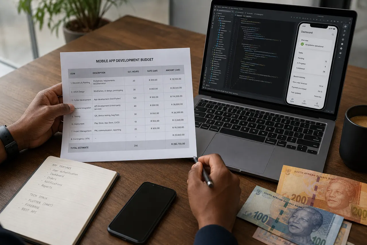 Hands reviewing a Flutter app budget spreadsheet beside a laptop with a phone emulator and South African Rand notes