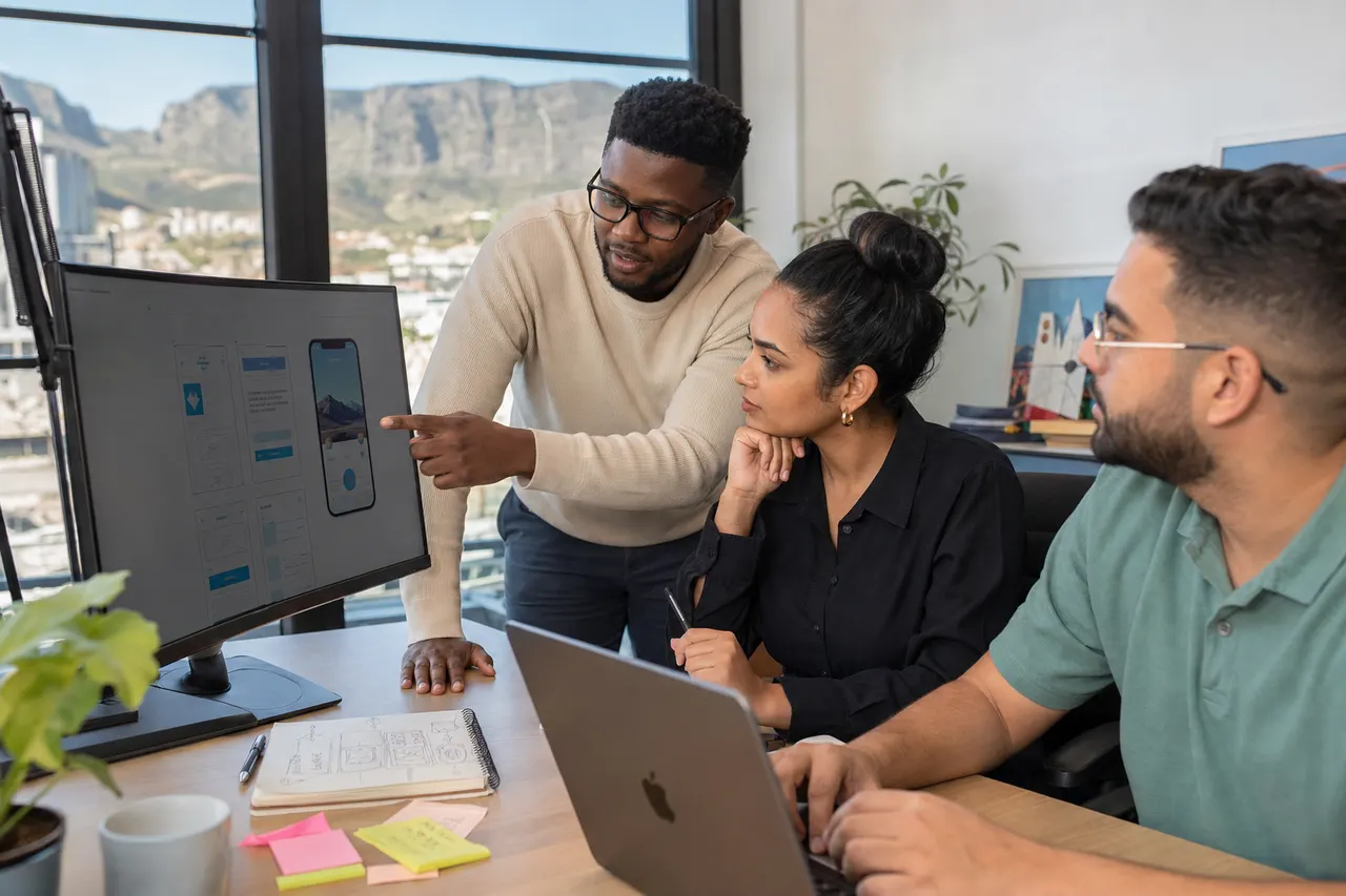 South African Flutter product team reviewing mobile wireframes on a monitor in a Cape Town studio