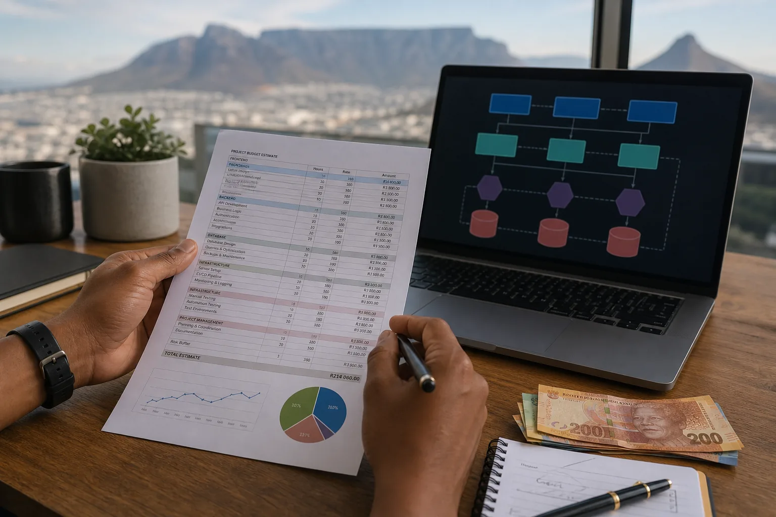 Hands reviewing a full stack software project budget spreadsheet beside a laptop showing abstract architecture layers