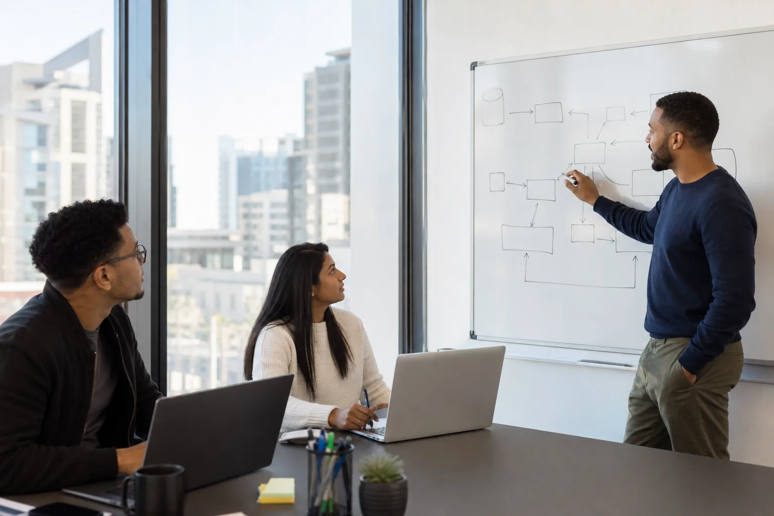 South African full stack product team reviewing system architecture on a whiteboard in a Sandton office