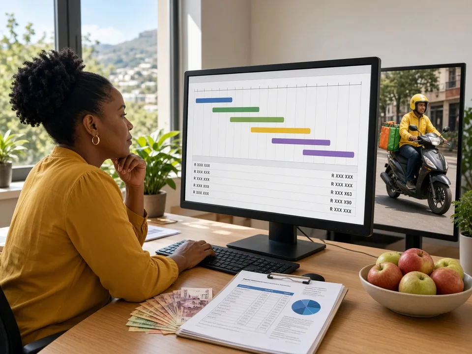 Project lead reviewing grocery delivery app development cost estimates and timelines in South African Rand