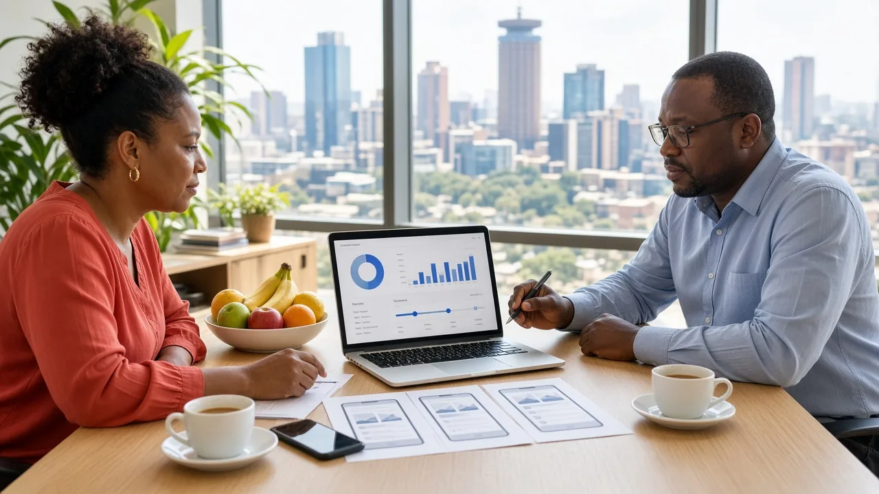 Founder and consultant reviewing a grocery delivery app development budget in South African Rand