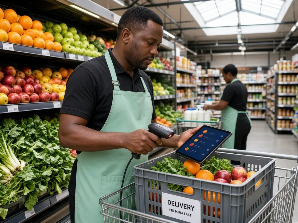 Store picker scanning fresh produce into a grocery delivery crate in a bright Pretoria supermarket