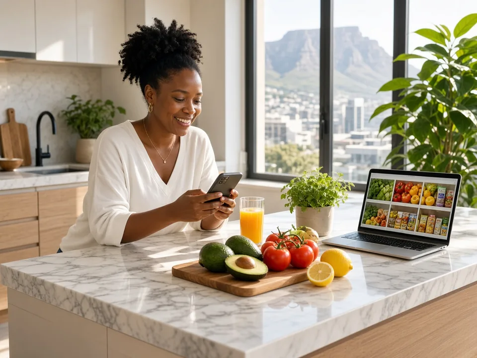 Cape Town shopper browsing a grocery delivery app on a phone in a bright kitchen with fresh produce