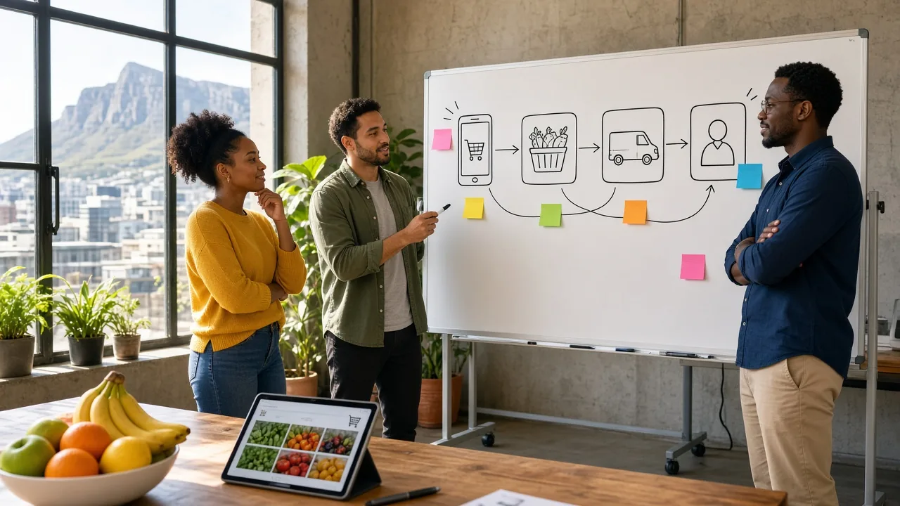 Product team mapping a grocery delivery MVP across customer, picker, driver, and admin apps