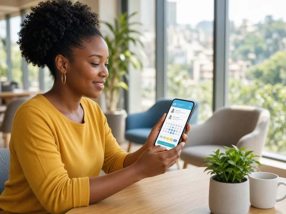 Patient booking a doctor appointment on a smartphone in a bright Johannesburg clinic lounge