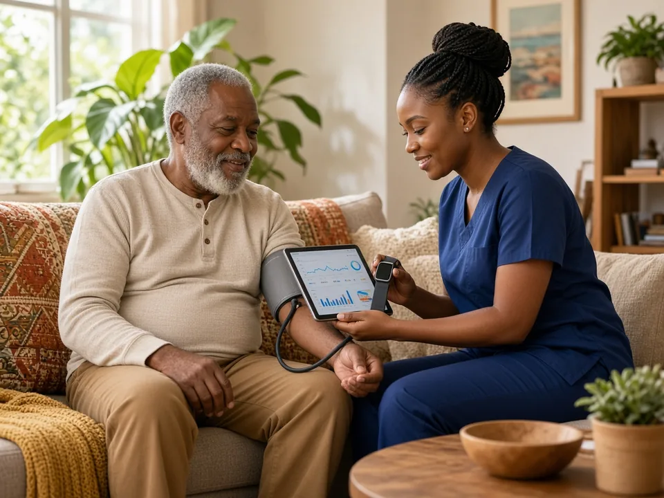 Healthcare worker helping a patient pair a wearable blood-pressure monitor with a tablet for remote monitoring