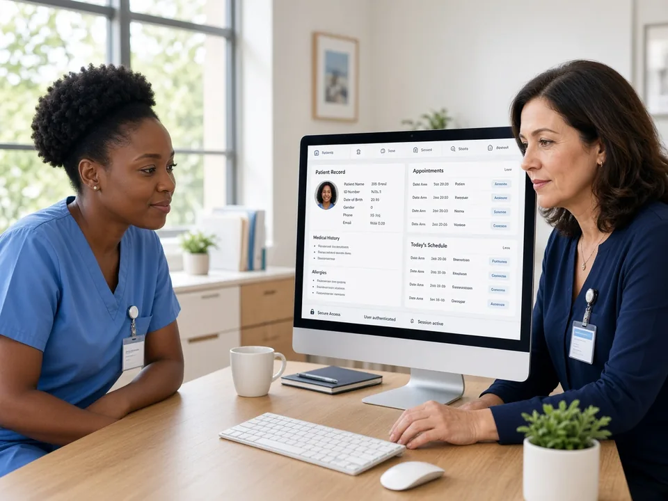 Clinic admin and nurse reviewing a patient records dashboard in a bright Pretoria clinic office