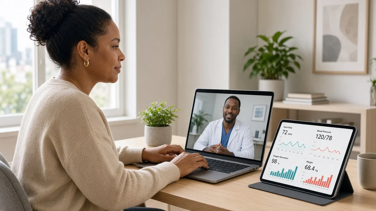 Patient on a telemedicine video call with a doctor on a laptop in a bright South African home office