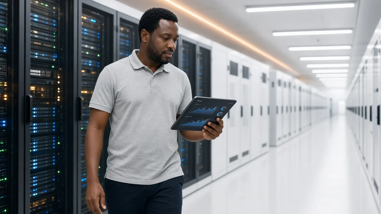 Cloud engineer checking usage graphs on a tablet while walking through a bright data centre aisle