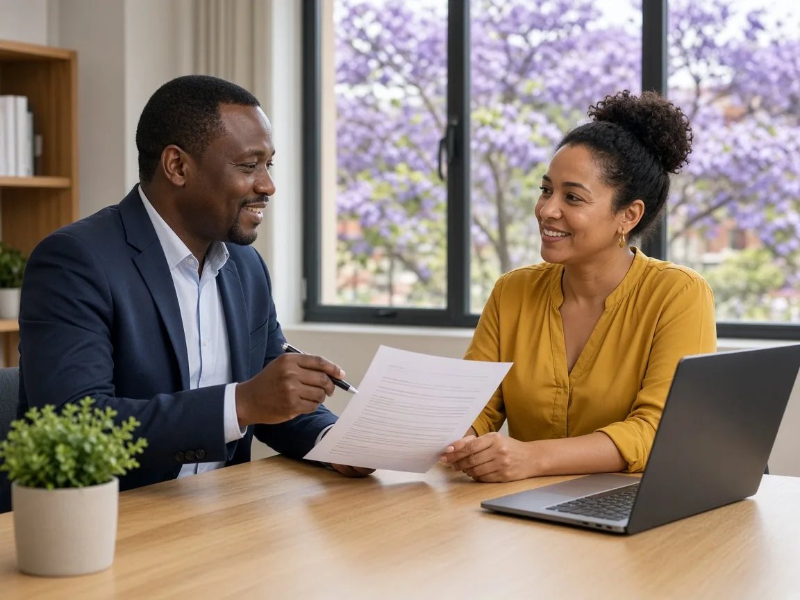 Client and software agency lead reviewing a project agreement in a bright Pretoria office with jacaranda trees outside