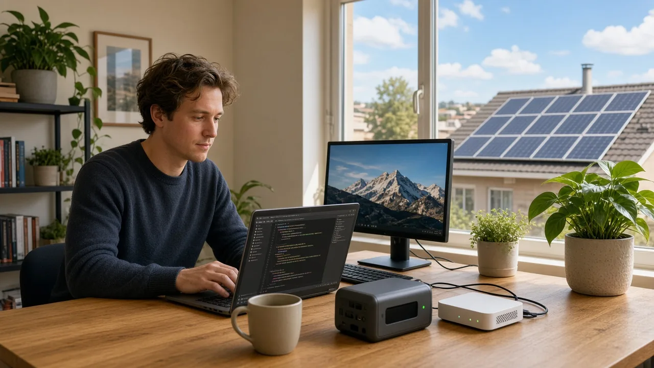 Developer working at a sunny Johannesburg home office with a portable power station and fibre router on the desk and solar panels outside