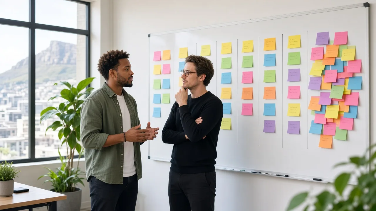 Project manager and developer in a bright Cape Town studio discussing a task board where new sticky notes spill past the last column