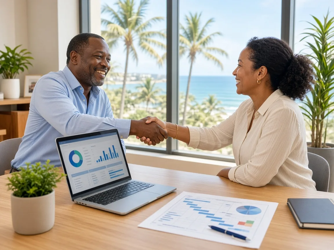 Business owner shaking hands with a software consultant over a laptop showing an HR dashboard in a sunny Durban office with ocean views
