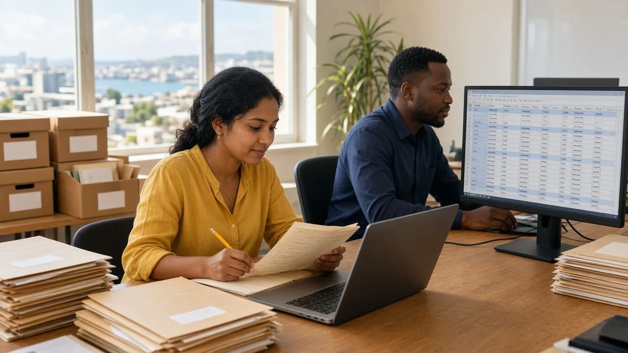 HR assistant reviewing paper employee files from archive boxes while a colleague checks digitised records on a monitor in a bright Gqeberha office