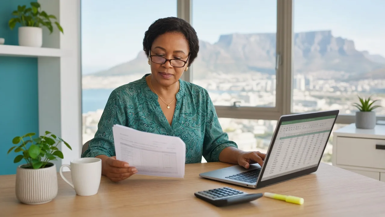 Payroll specialist comparing a printed payslip with a laptop spreadsheet in a bright Cape Town office with Table Mountain behind her