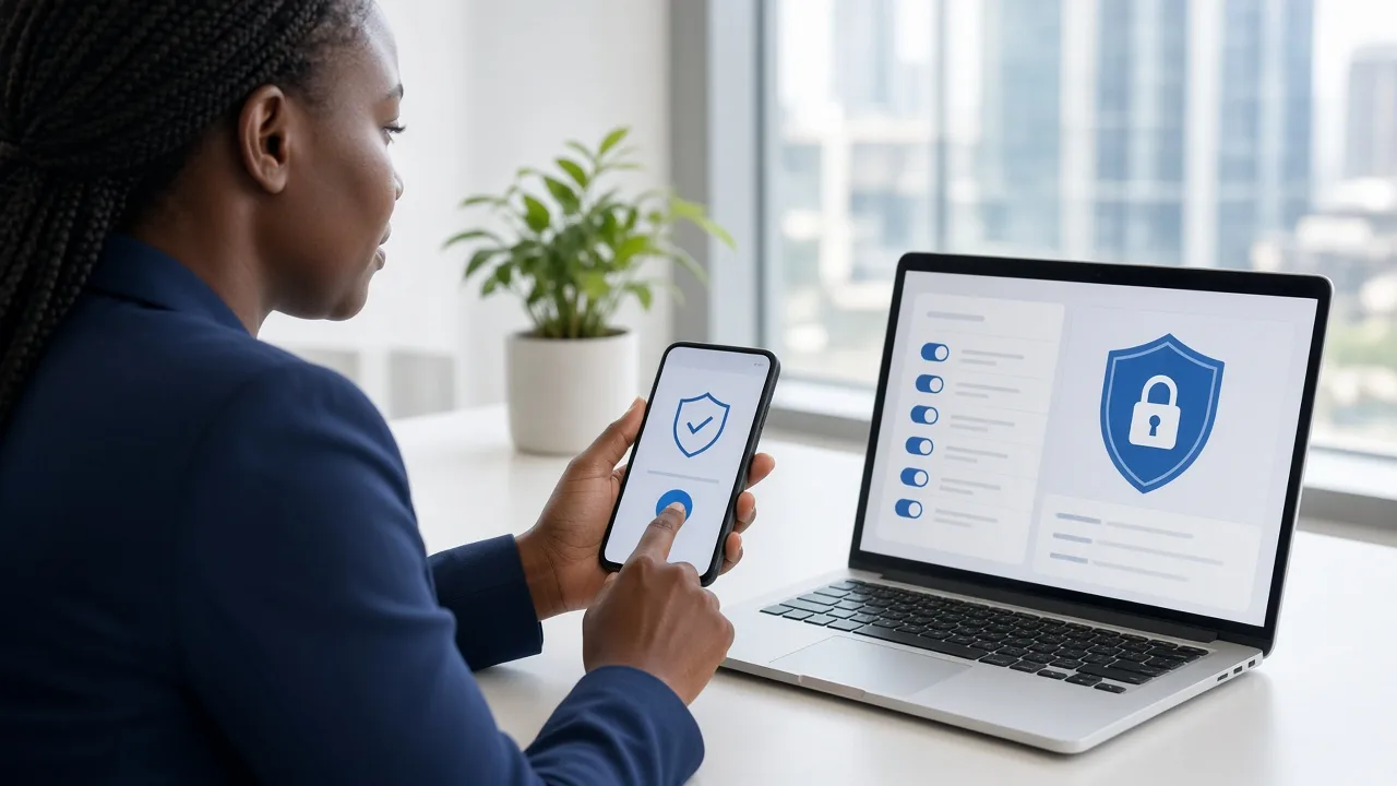 IT administrator approving a two-factor authentication prompt on her phone beside a laptop showing user permission toggles and a padlock shield