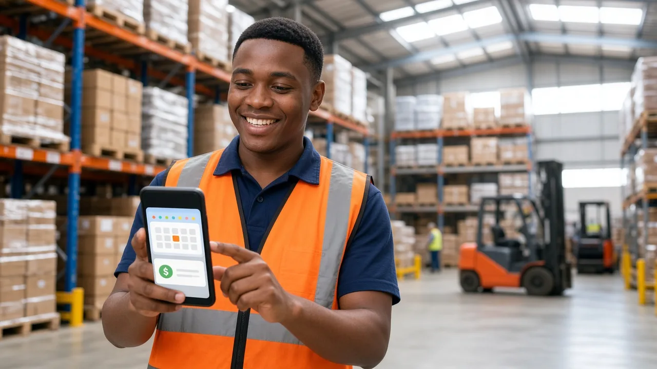 Smiling warehouse worker in a high-visibility vest checking his leave balance and payslip on a phone app in a Durban distribution centre