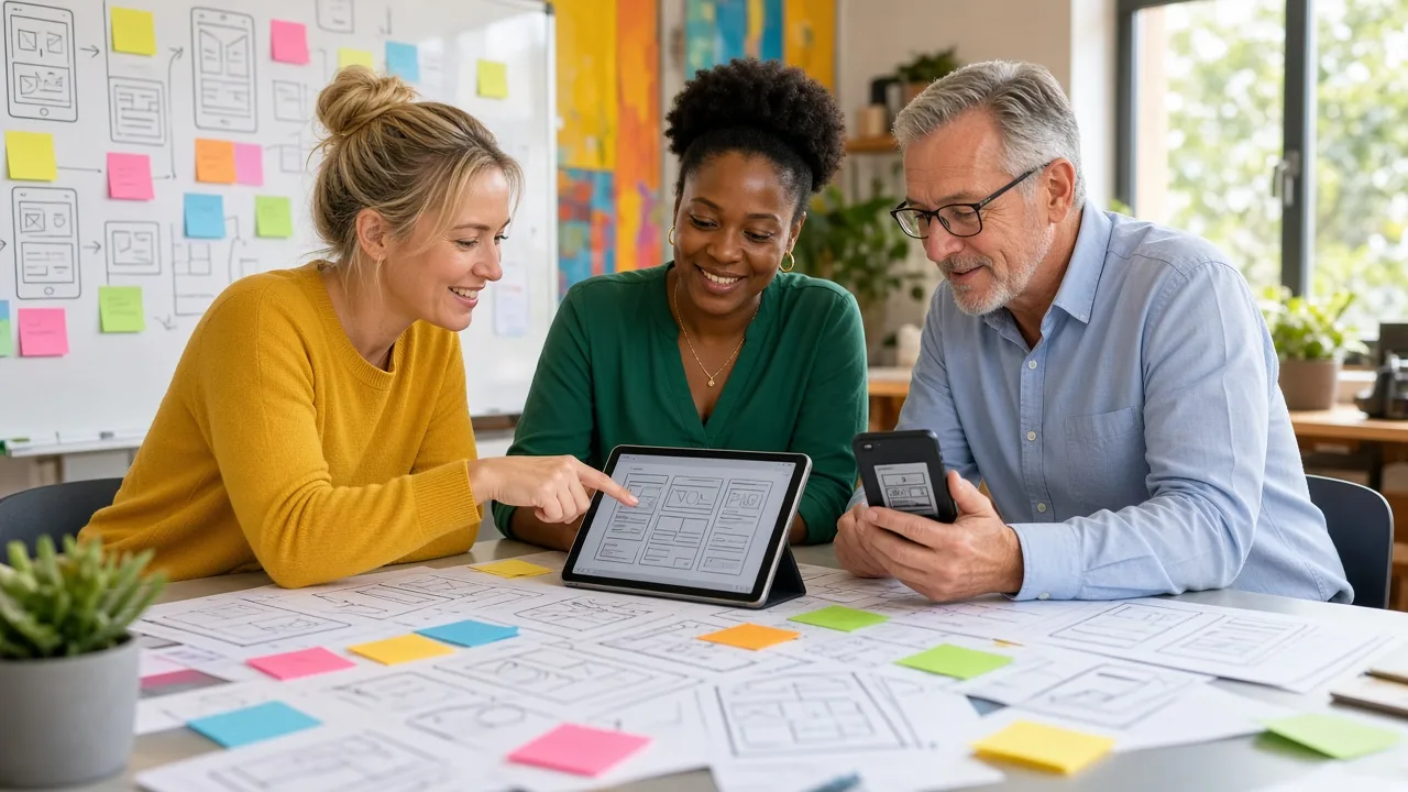 UX designer and two HR staff members testing HRMS app prototypes on a tablet and phone among paper wireframes and sticky notes in a Pretoria workshop