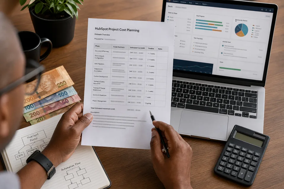 Project lead reviewing HubSpot development cost estimates and timelines in South African Rand