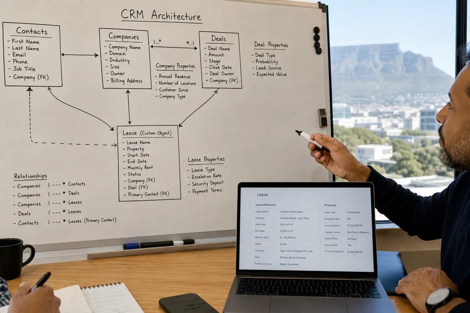 South African product team mapping a custom CRM data model with objects, properties, and associations