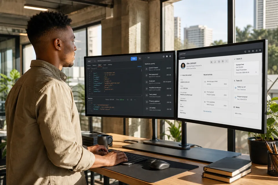 Developer building custom HubSpot API integrations and webhook connections on dual monitors