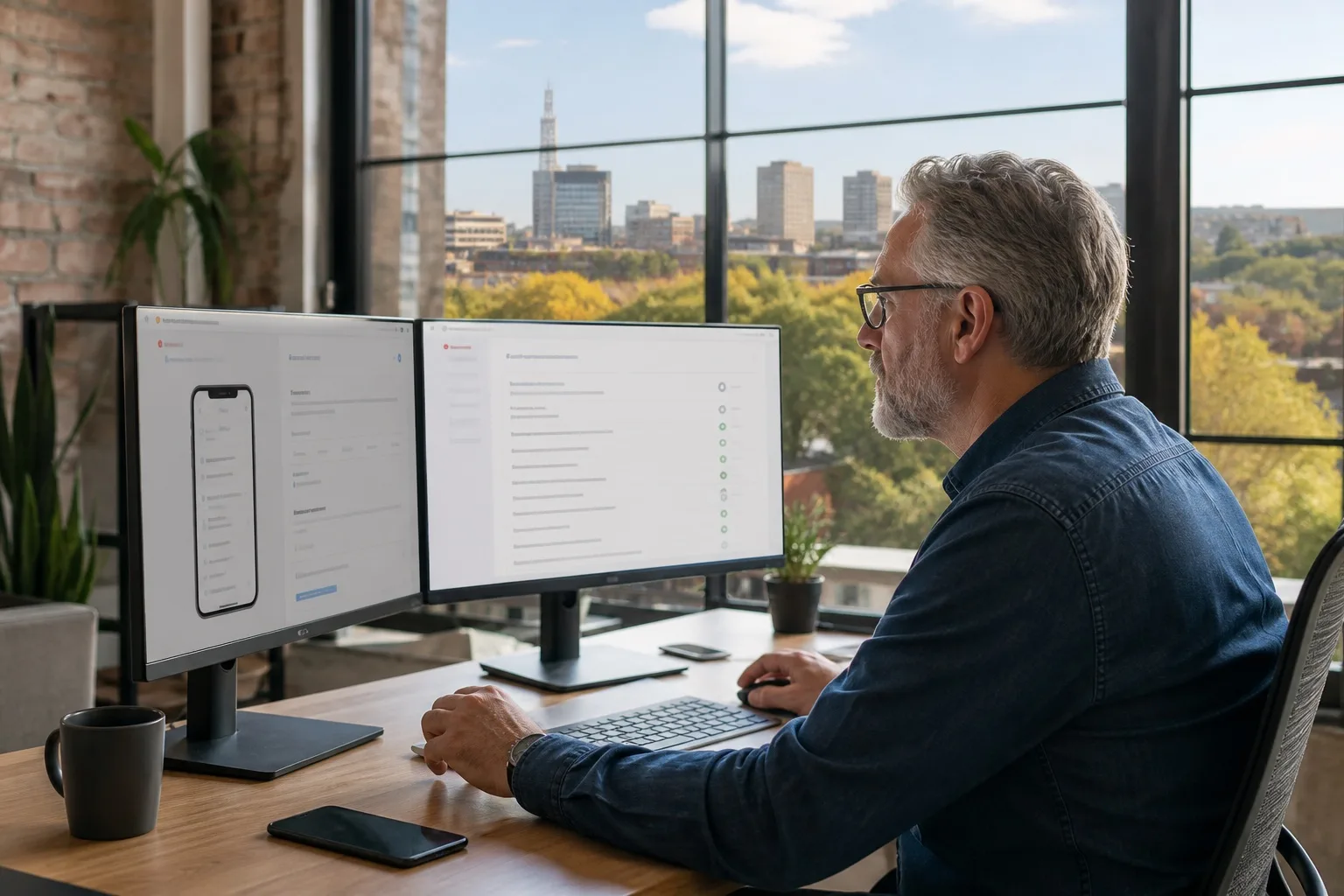 Senior iOS engineer reviewing App Store submission and security checklist on dual monitors in a Pretoria loft