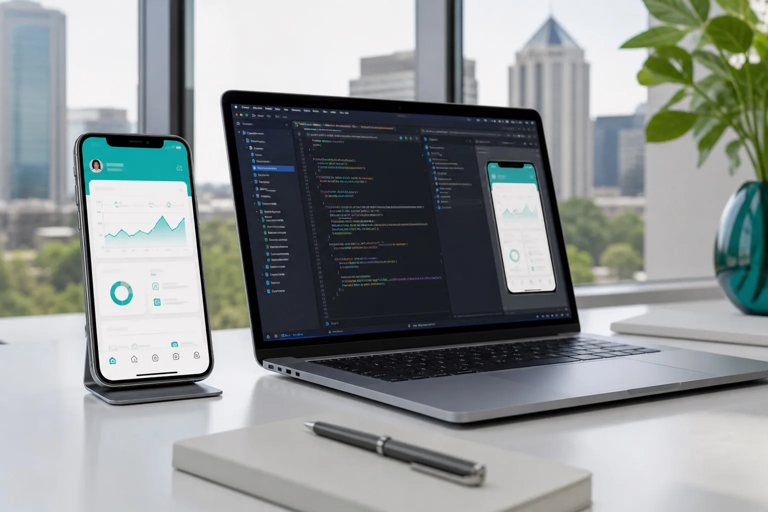 iPhone showing a polished business app beside a Mac with Xcode and SwiftUI previews in a Sandton product studio