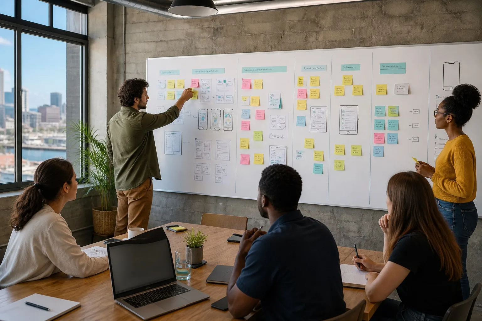 Agile board showing iOS discovery, design, development, testing, and App Store launch stages in a Durban engineering loft