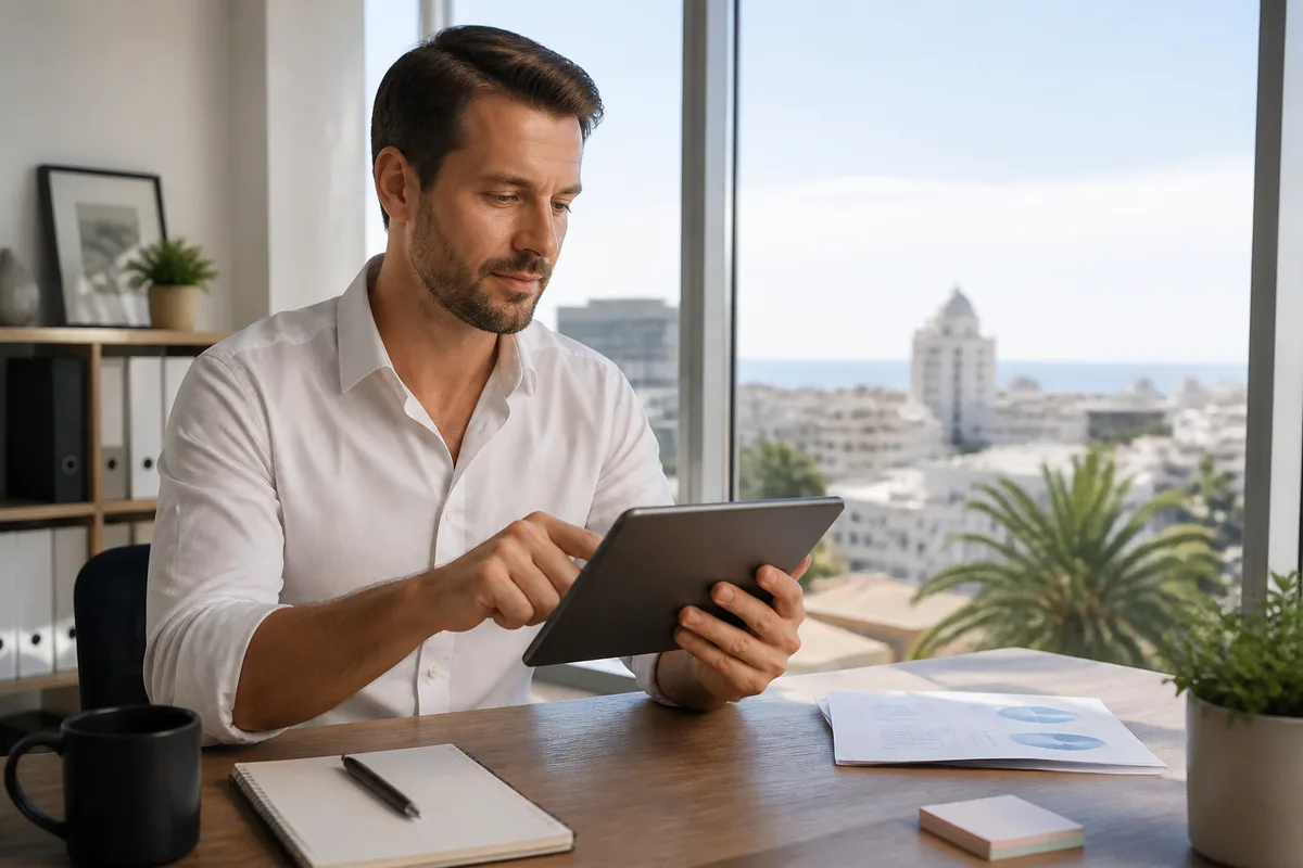 Business owner reviewing iOS app budget ranges on a tablet in a sunny Port Elizabeth office