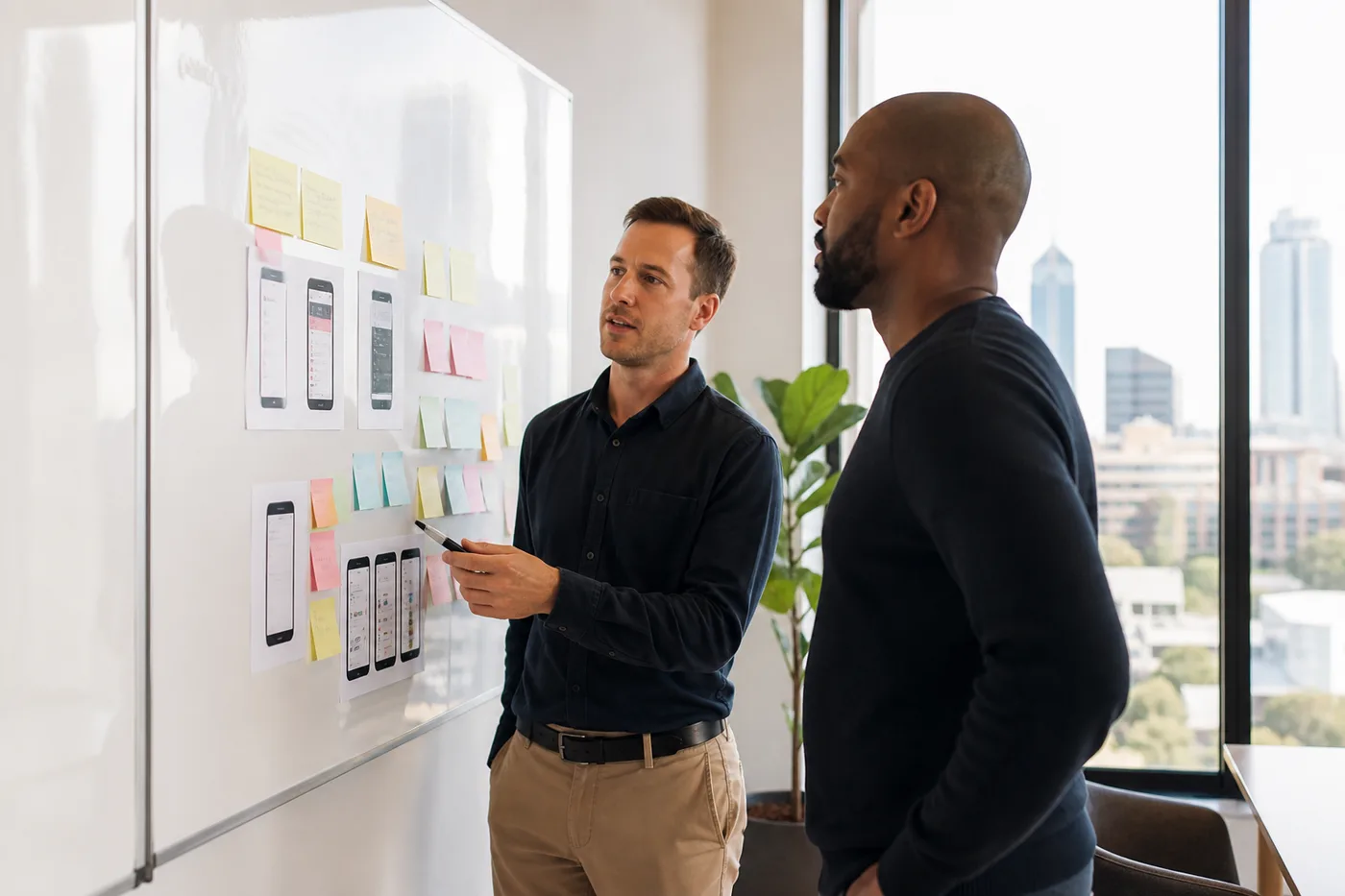 Founders comparing iPhone app feature priorities on a whiteboard in a sunny Johannesburg Sandton office