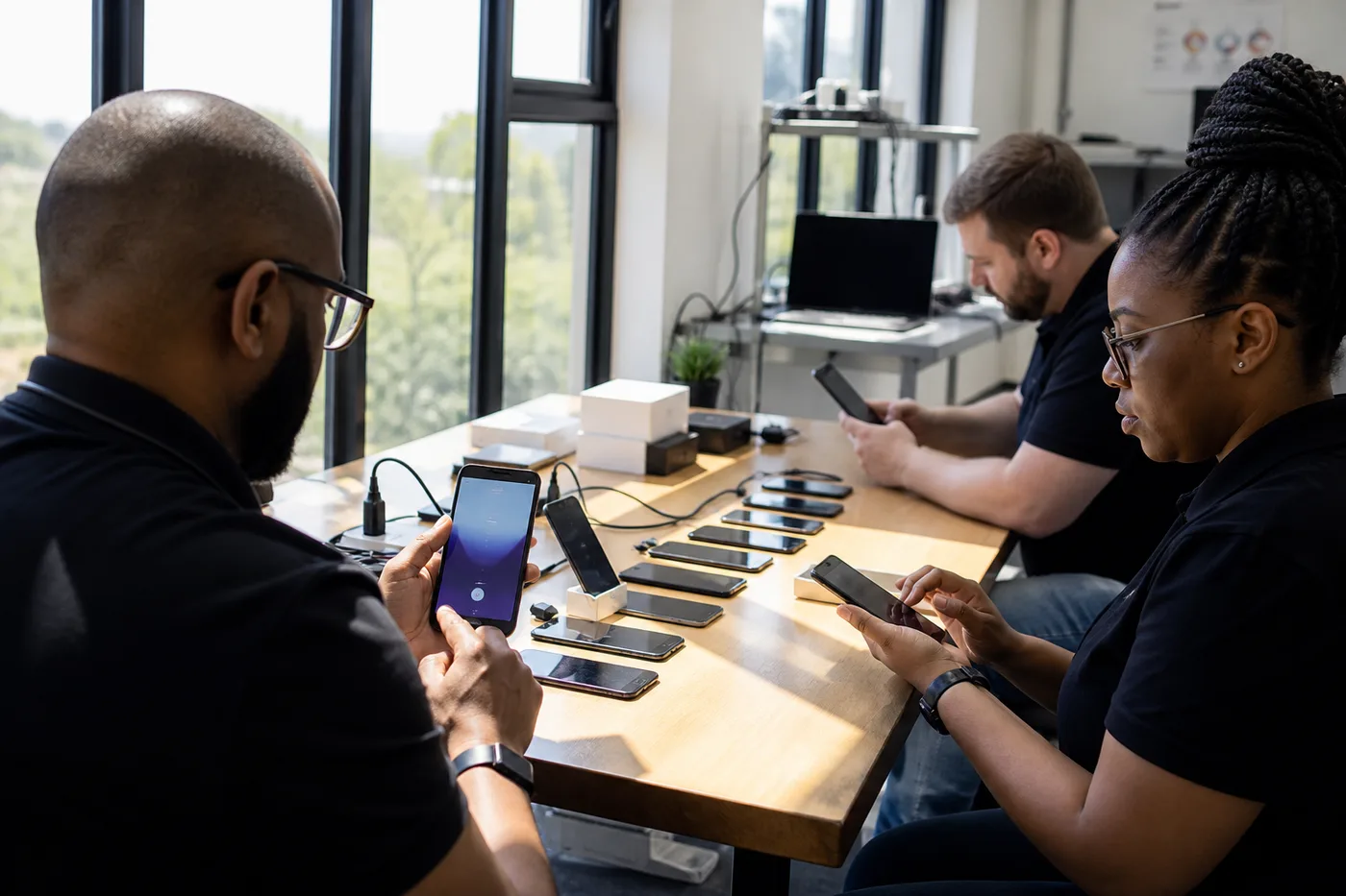 QA team testing an iPhone app across multiple devices before App Store launch in a Pretoria lab