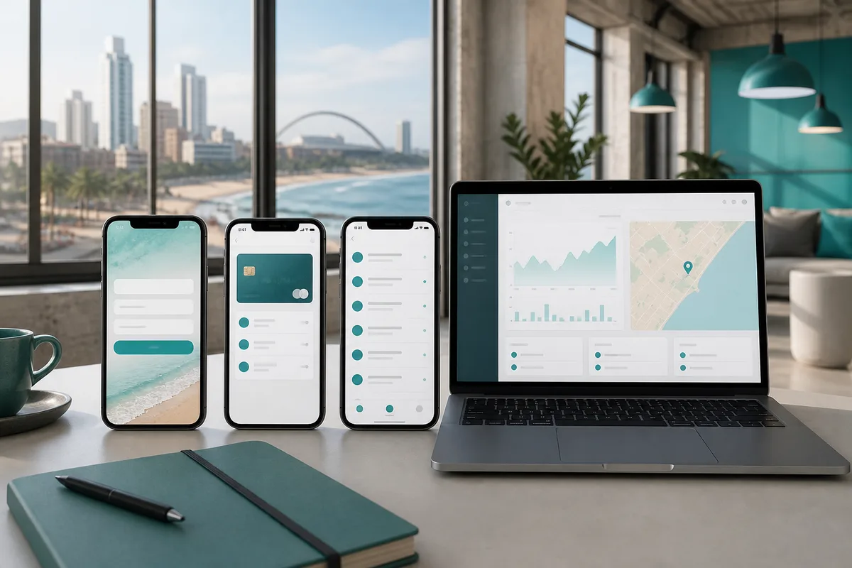 iPhone screens showing login, payments, notifications, and maps beside a MacBook in a Durban product loft