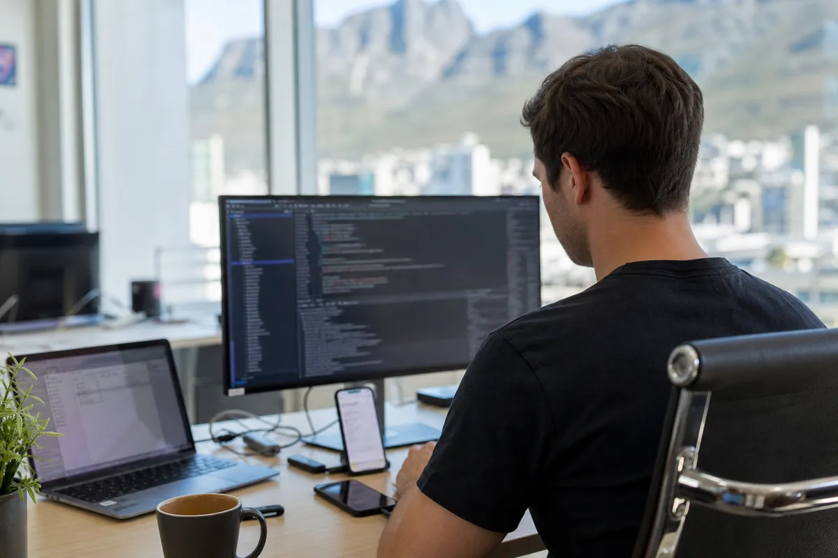 iOS engineer coding in Xcode with iPhone TestFlight builds on a desk in a Cape Town engineering studio
