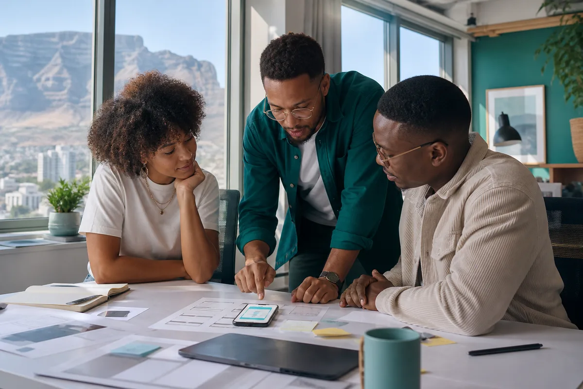 South African product team reviewing an iPhone app prototype on a desk in a bright Cape Town studio