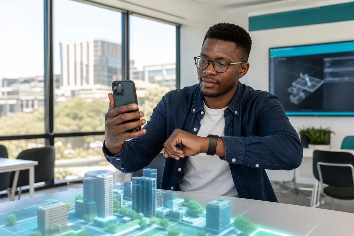 Developer testing AR and Apple Watch connected features on an iPhone in a Pretoria innovation lab