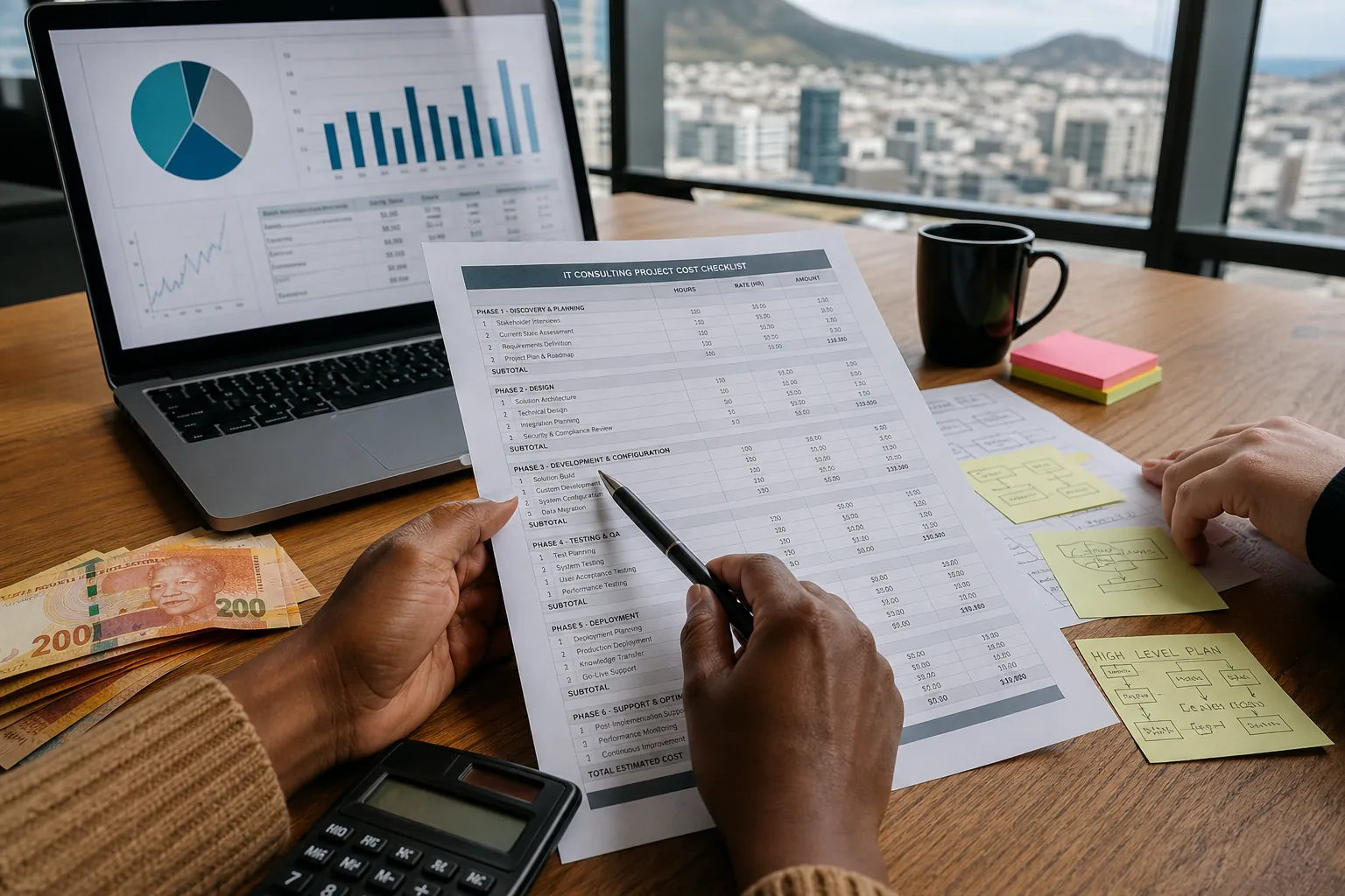 Hands reviewing an IT consulting budget spreadsheet and project cost checklist with South African Rand notes on a desk